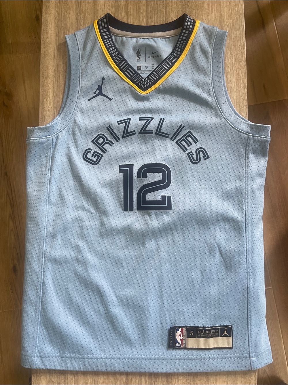 Jordan Light Blue Grizzlies #12 Basketball Jersey with Navy and Yellow Trim